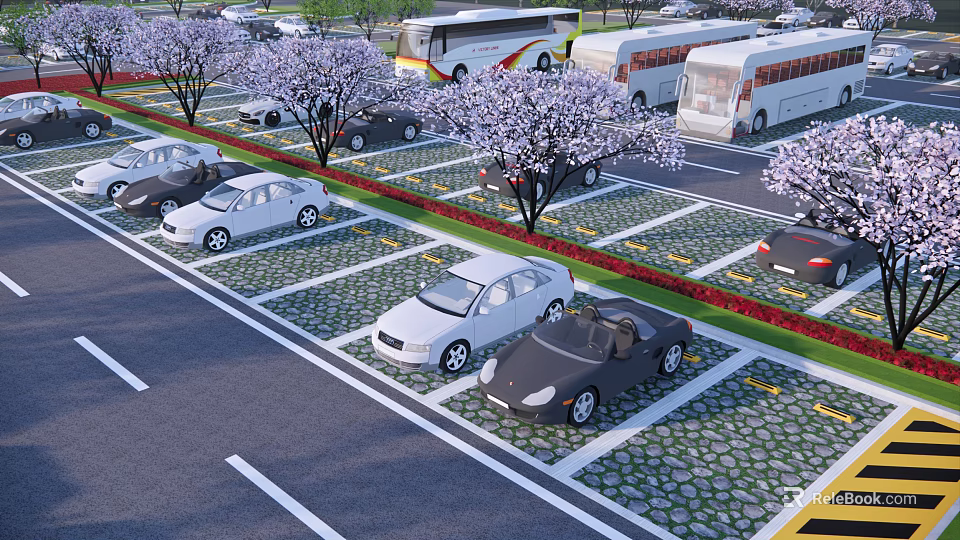 Eco Friendly Parking Lot Featuring Cherry Blossom Trees Green Permeable Ground And Parked Cars 3d model 