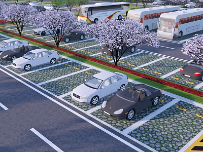 Eco Friendly Parking Lot Featuring Cherry Blossom Trees Green Permeable Ground And Parked Cars 3d model