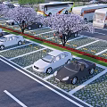 Eco Friendly Parking Lot Featuring Cherry Blossom Trees Green Permeable Ground And Parked Cars