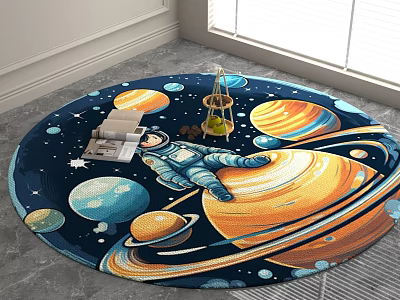 Round Space Theme Rug With Astronaut Planets Stars And Cosmic Patterns 3d model