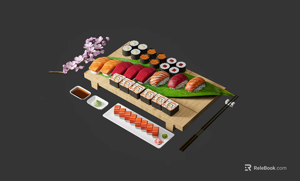 Assorted Sushi Platter on Wooden Board with Soy Sauce Chopsticks and Cherry Blossom 3d model 