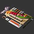 Assorted Sushi Platter on Wooden Board with Soy Sauce Chopsticks and Cherry Blossom