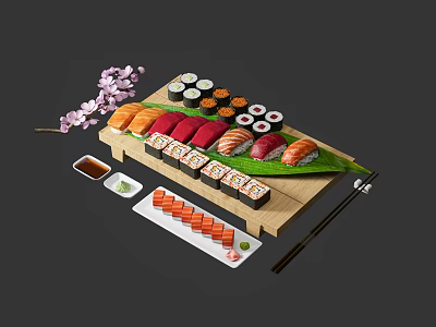 Assorted Sushi Platter on Wooden Board with Soy Sauce Chopsticks and Cherry Blossom 3d model