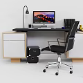 Modern Home Office Desk And Chair Set With Black Desktop Computers Storage Drawers And Decorative Vases