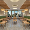 Cozy Restaurant Interior With Wooden Chandeliers Green Banquettes Wooden Tables Chairs And Wall Artworks