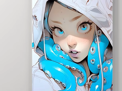 Artistic Character Portrait Featuring White Hoodie and Blue Octopus Tentacle Hair with Blue Eyes 3d model