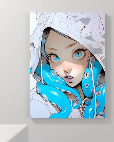 Artistic Character Portrait Featuring White Hoodie and Blue Octopus Tentacle Hair with Blue Eyes 3d model