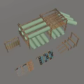 Outdoor Wooden Playground Equipment with Green Pipes Climbing Frames and Perforated Panels