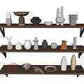 Ceramic Vessels Display on Wooden Shelves with Various Shapes and Colors