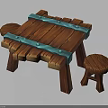 Rustic Wooden Table Set with Blue Metal Straps Rivets and Matching Stool 3d model