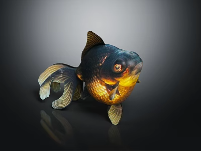 Black and Gold Goldfish With Large Eyes And Flowing Fins On Dark Background With Reflection 3d model