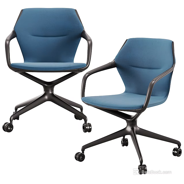 Two Blue Fabric Office Chairs With Armrests And Black Rolling Caster Base 3d model