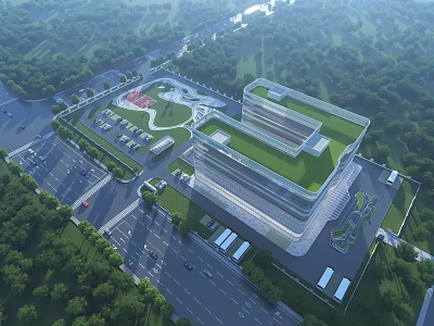 Aerial View Planning for Modern Building Complex With Green Roof Trees Roads Parking Lots 3d model
