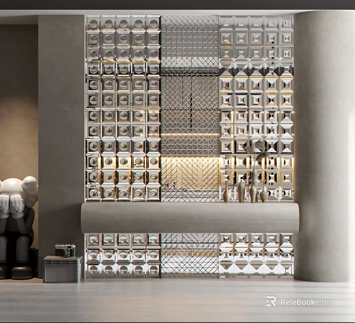 Modern Decorative Wall With Silver Square Panels Grid Design And Lighting Effects 3d model 