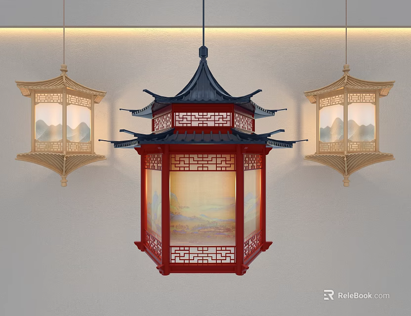 Chinese Style Pagoda Shaped Pendant Lights With Red Gold Frames And Landscape Painting Shades 3d model 