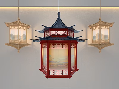 Chinese Style Pagoda Shaped Pendant Lights With Red Gold Frames And Landscape Painting Shades 3d model