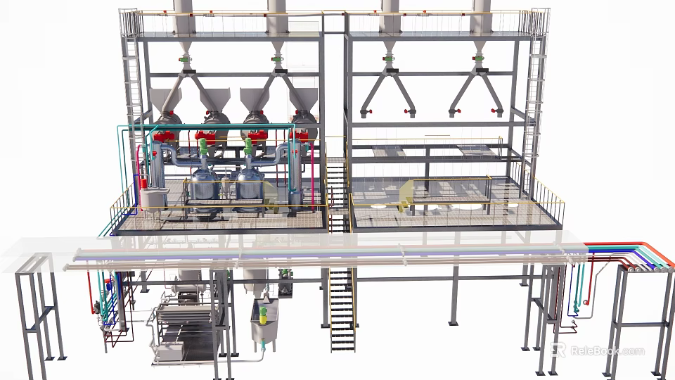 Industrial Processing Equipment With Multi Level Metal Platforms Piping Systems And Access Stairs 3d model 