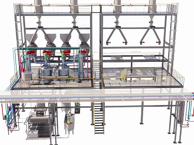 Industrial Processing Equipment With Multi Level Metal Platforms Piping Systems And Access Stairs 3d model