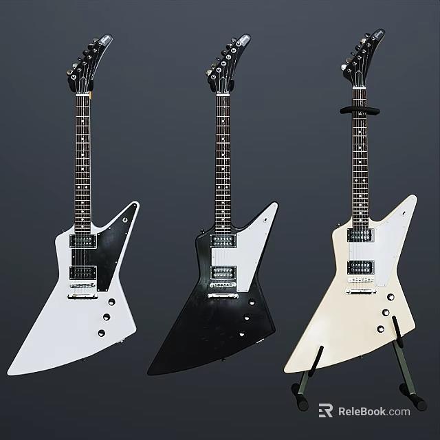 V Shaped Electric Guitars Collection Display in White Black and Cream Colors 3d model 