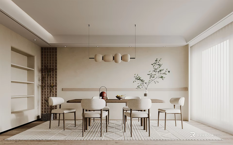 Modern Restaurant Interior Design With Dining Table Chairs Pendant Lights Brick Wall And Plant 3d model 