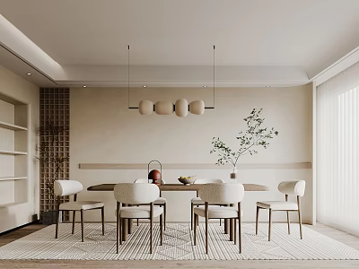 Modern Restaurant Interior Design With Dining Table Chairs Pendant Lights Brick Wall And Plant 3d model