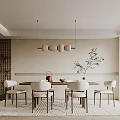 Modern Restaurant Interior Design With Dining Table Chairs Pendant Lights Brick Wall And Plant