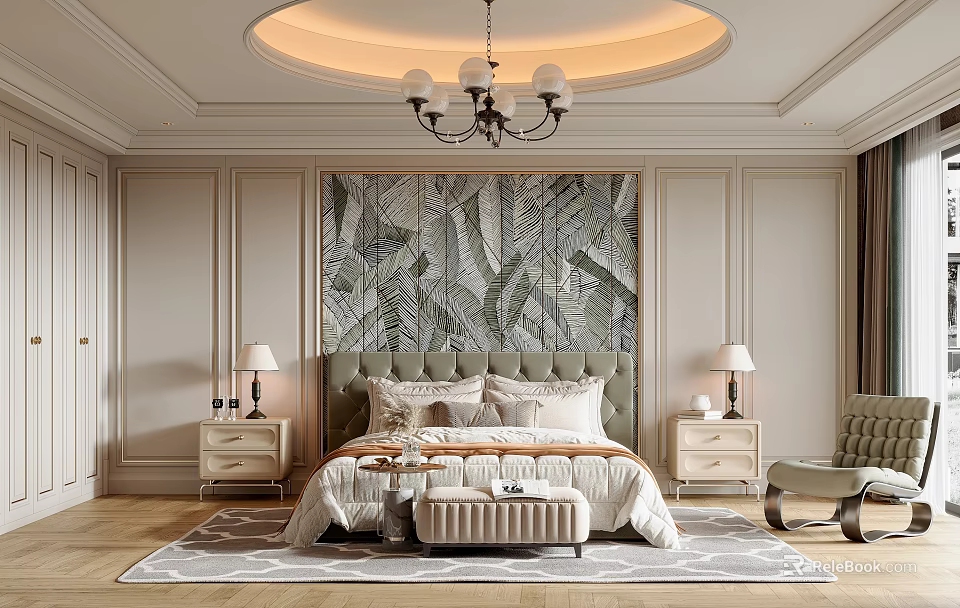 Elegant Bedroom Interior With Round Chandelier Leaf Pattern Wallpaper And Upholstered Headboard 3d model 