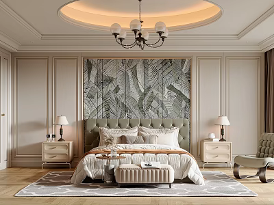Elegant Bedroom Interior With Round Chandelier Leaf Pattern Wallpaper And Upholstered Headboard 3d model