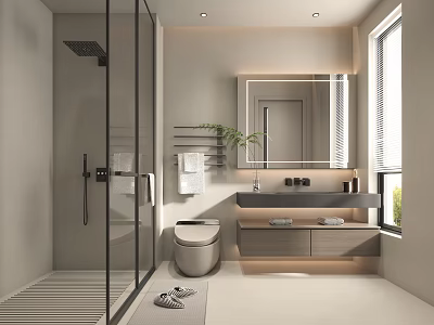 Modern Bathroom Interior With Glass Shower Toilet Vanity Mirror Towels And Potted Plant 3d model