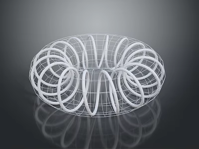 White Intertwined Circular Wireframe Sculpture With Spiral Structure On Black Background 3d model
