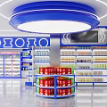 Bright Modern Supermarket Interior With Blue Decor Round Shelves And Various Products