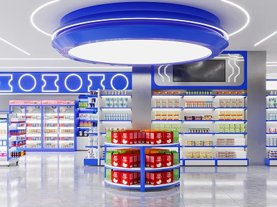 Bright Modern Supermarket Interior With Blue Decor Round Shelves And Various Products 3d model