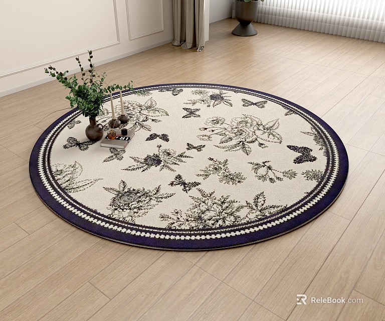 Elegant Round Rug With Floral And Bird Patterns On Wooden Floor With Green Plant 3d model 