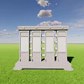 Stone Screen Wall With Carved Panels And Base In Green Grass Under Blue Sky