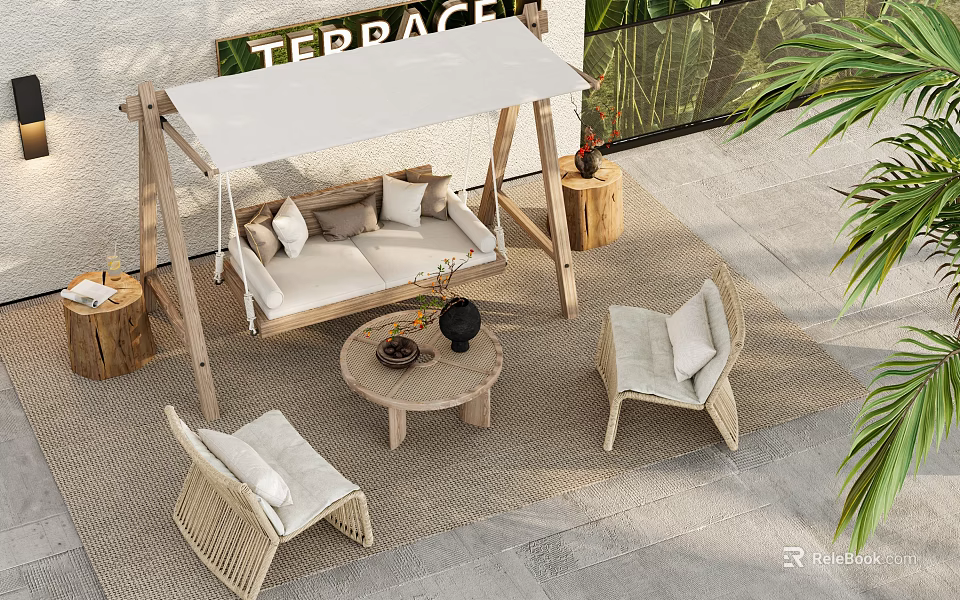 Outdoor Terrace Swing Chair With Wooden Frame Beige Cushions And Rattan Furniture 3d model 