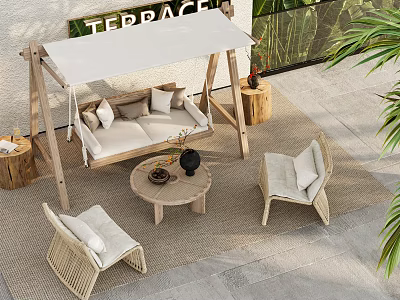 Outdoor Terrace Swing Chair With Wooden Frame Beige Cushions And Rattan Furniture 3d model