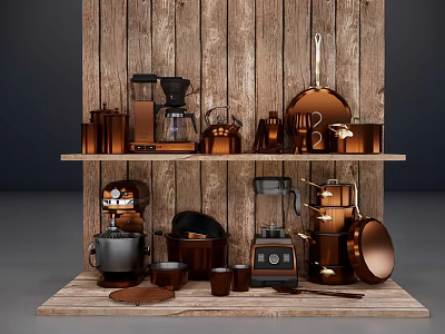 Vintage Style Kitchen Appliances On Wooden Shelves With Coffee Maker Blender And Copper Cookware 3d model