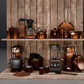Vintage Style Kitchen Appliances On Wooden Shelves With Coffee Maker Blender And Copper Cookware