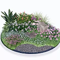 Beautiful Circular Garden with Purple Pink Flowers Green Plants Stone and Gravel Path