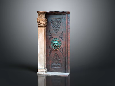 Antique Carved Wooden Door With Decorative Stone Pillar And Brass Door Knocker 3d model