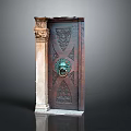 Antique Carved Wooden Door With Decorative Stone Pillar And Brass Door Knocker