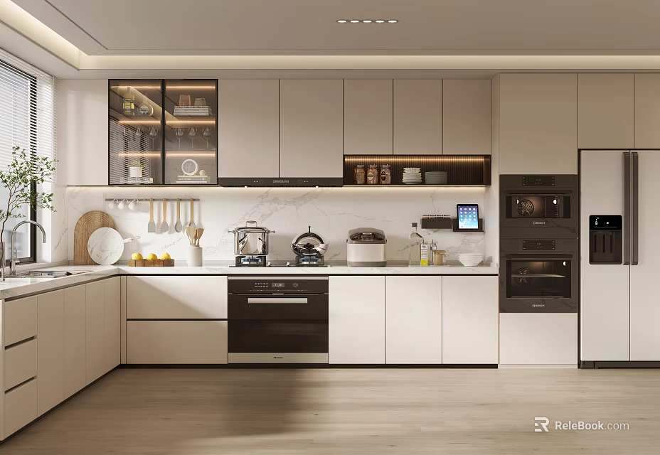 Modern Kitchen Interior With White Cabinets Countertop And Stainless Steel Appliances 3d model 