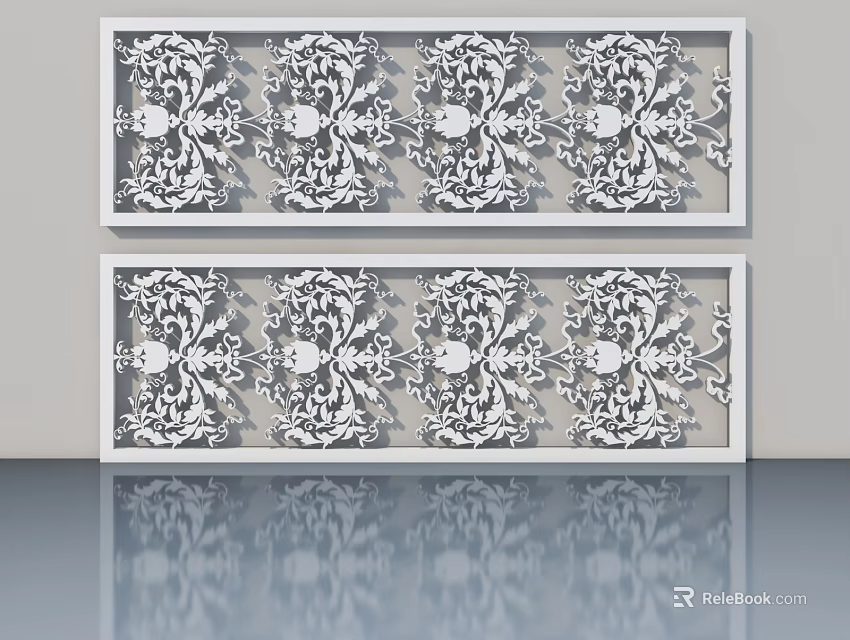 Elegant Swing Door With Intricate White Carved Patterns On Gray Background 3d model