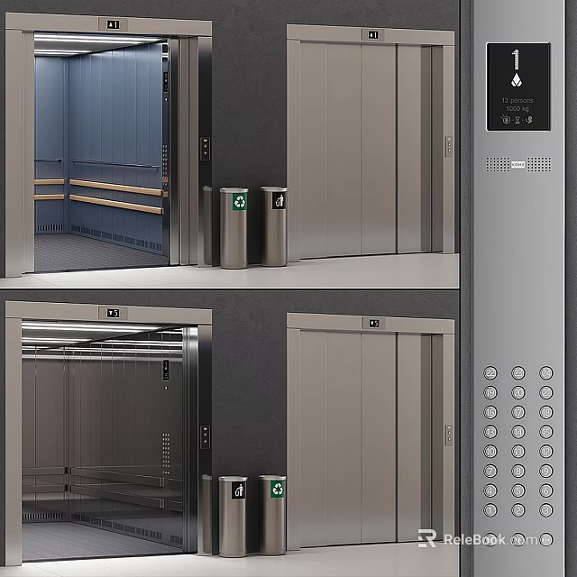 Public Facility Elevator With Stainless Steel Door Control Panel Buttons And Trash Bins 3d model 