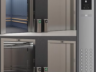 Public Facility Elevator With Stainless Steel Door Control Panel Buttons And Trash Bins 3d model
