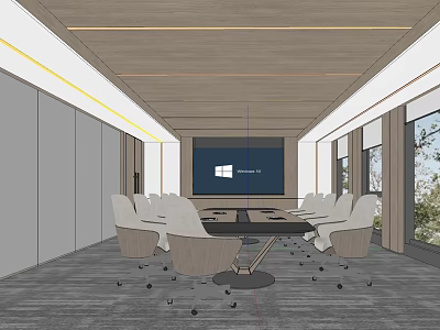 Modern Conference Room Interior With Round Table Comfortable Chairs And Projection Screen 3d model
