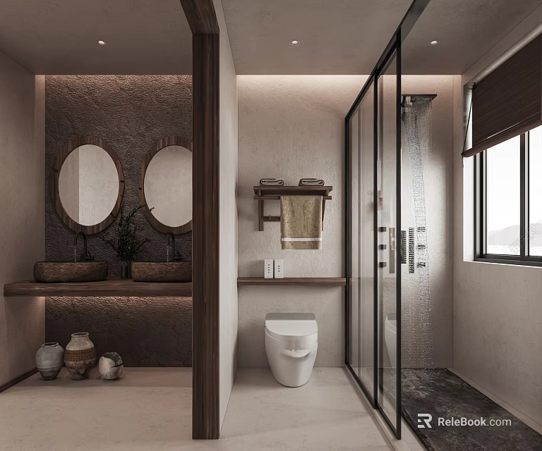 Bathroom Interior With Double Round Mirrors Double Sinks Glass Shower And Stone Wall 3d model 