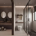 Bathroom Interior With Double Round Mirrors Double Sinks Glass Shower And Stone Wall