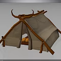 Primitive Tent Structure With Horn Shaped Wooden Poles And Canvas Covering