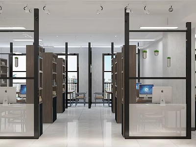 Modern Public Office Space With Glass Dividers Bookshelves Computers And Windows 3d model